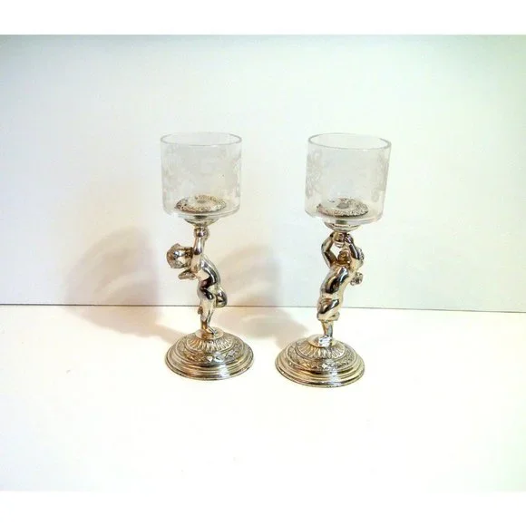 Pairpoint Silver Plate Cherub Votive Holders with Etched Glass PAIR - Picture 2 of 9